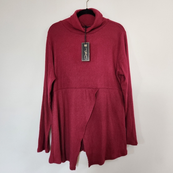 DR2 Tops - Diane Gilman DR2 Turtleneck Ribbed Cozy Split Front Pullover Top Maroon Sz XL